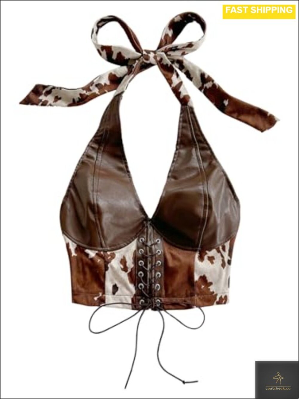 Faux Leather Cow Print Halter Crop Top Backless Party Club Tank
